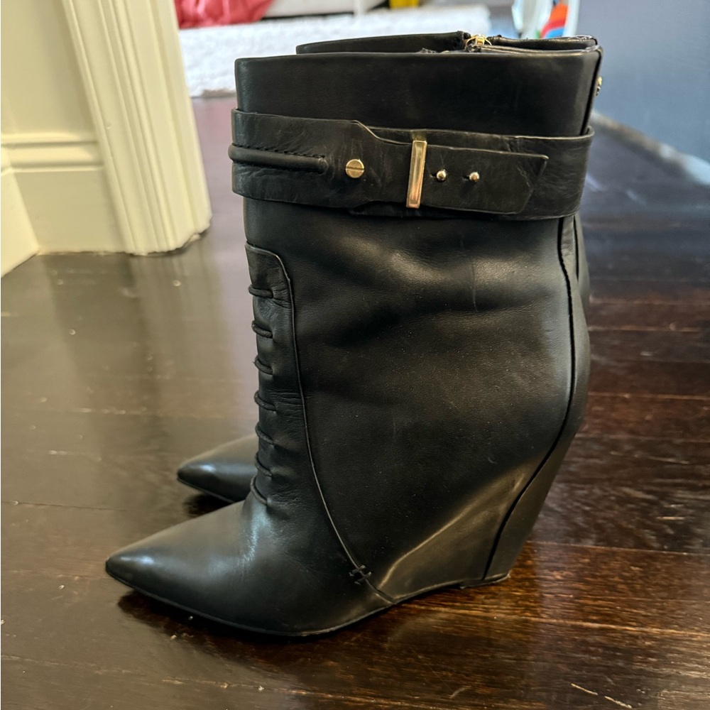 Rachel Roy Black Leather Wedge Booties